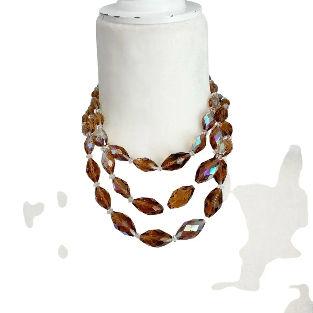 Vintage 1950s AB Crystal Triple Strand Necklace Amber Smokey Topaz Gold - Picture 3 of 12